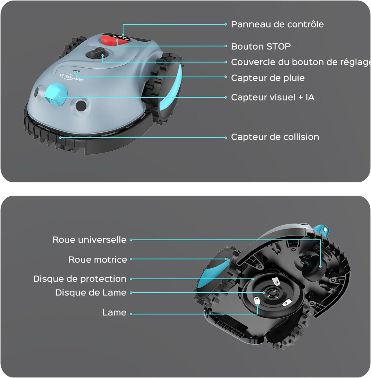 YARDCARE V100 Cordless Robotic Lawnmower with Peripheral, Vision Navigation, Obstacle Avoidance (150 Types), Robotic Lawnmower with 4 Ah Battery, Spare Blade