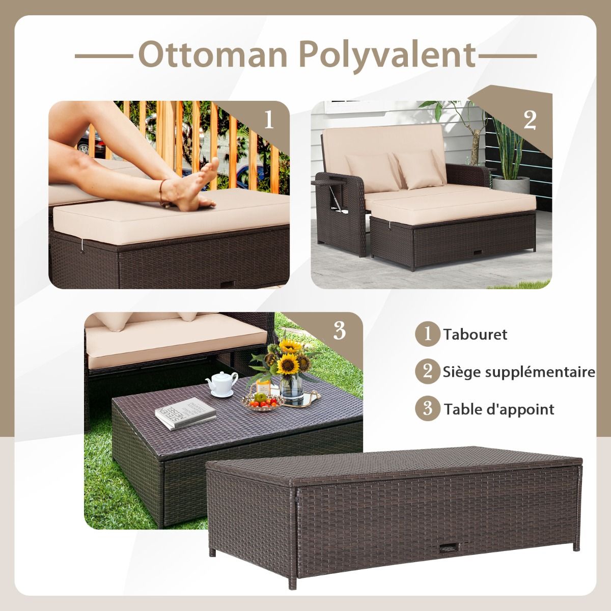 Adjustable Outdoor Garden Lounge Set with Bed, 2-Seater with Hidden Storage, 4-Level Adjustable Backrest in PE Rattan -