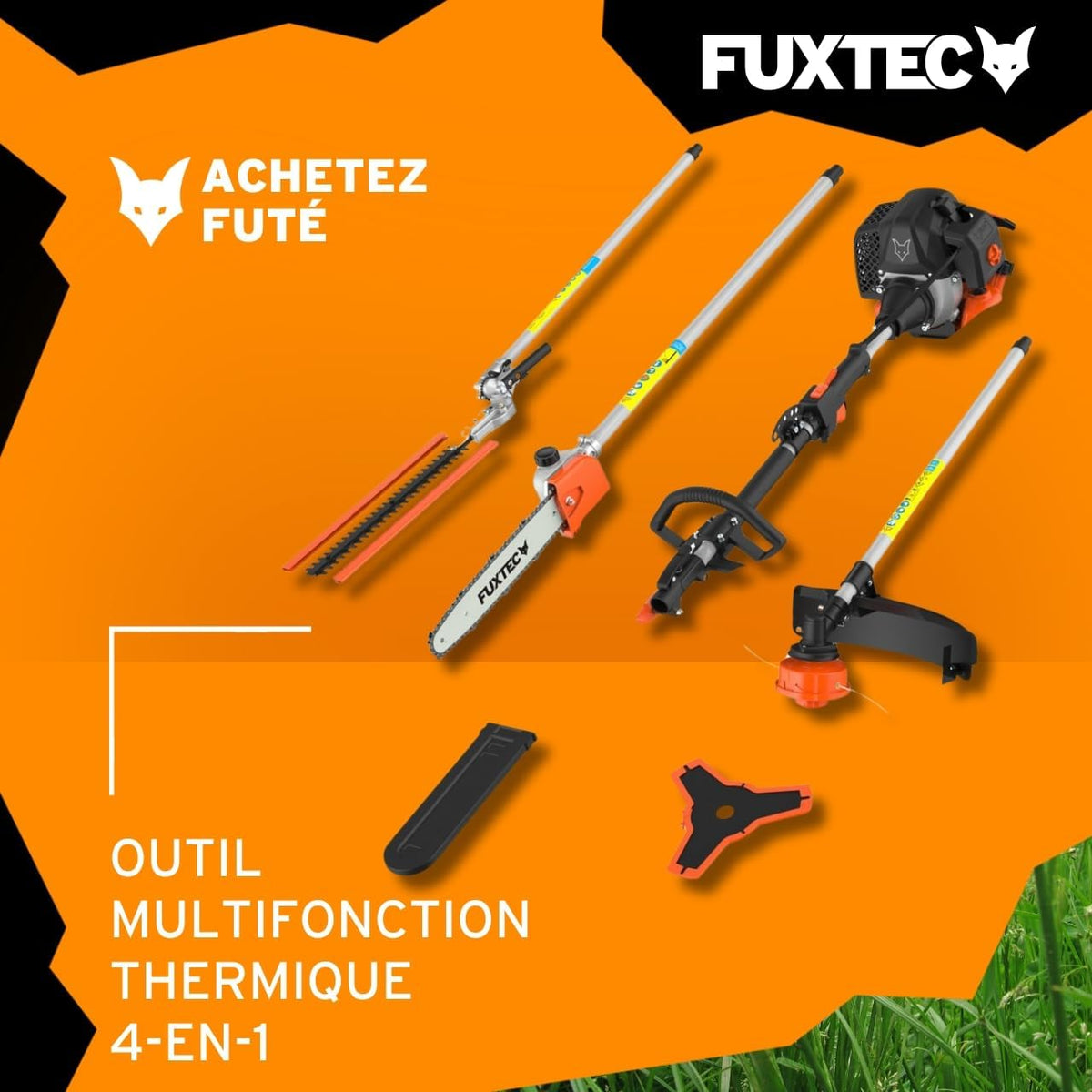 Fuxtec FX-MT152E 5-in-1 Multi-Tool Petrol Brush Cutter - Easy Starter, 3 HP, 52 cc, 2-Stroke Engine, Pruner, Hedge Trimmer, Edger with Cord or Blade, 1 Meter Extension