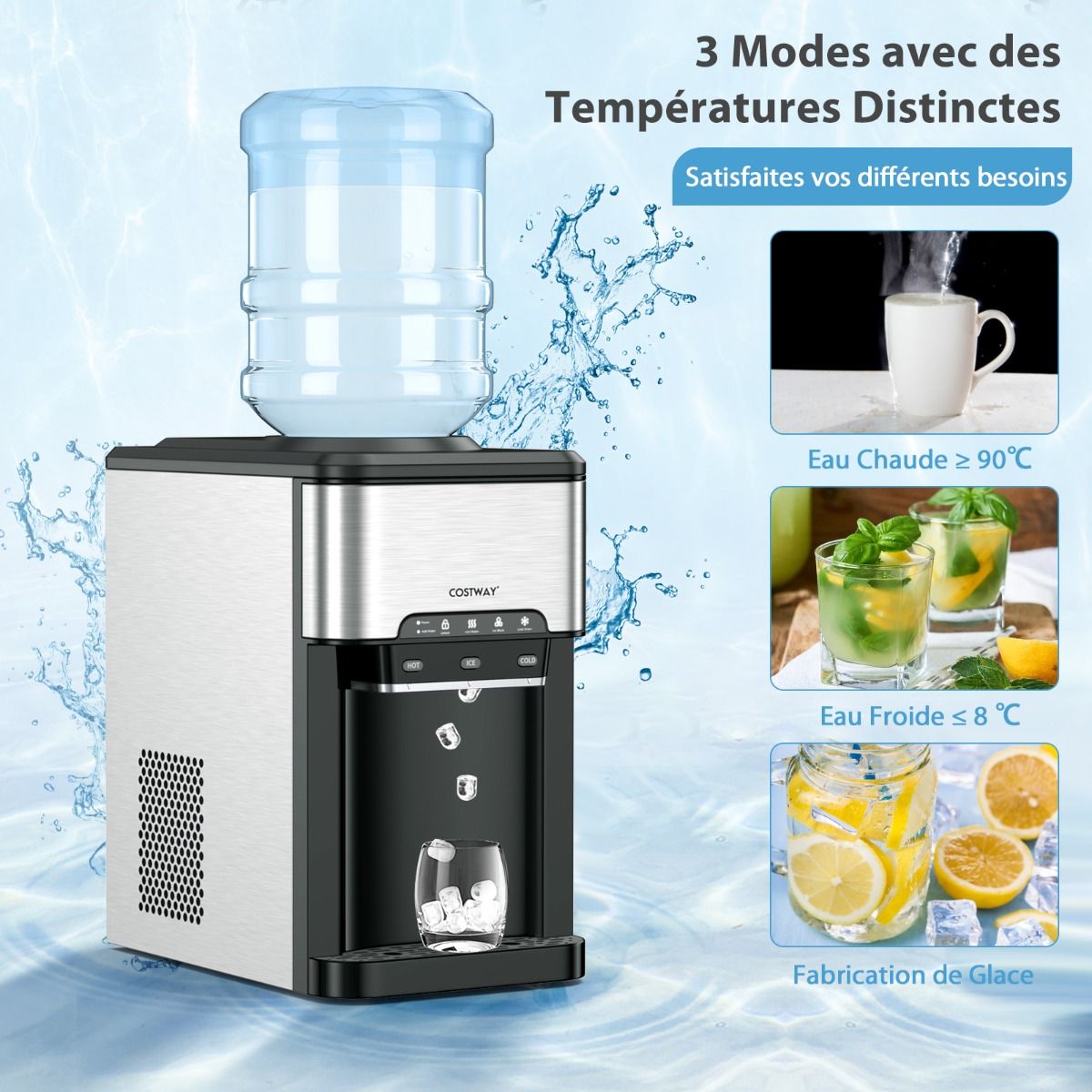 3-in-1 Ice Maker with Hot/Cold Water Dispenser, 20 kg in 24h, Ice Cubes 6-13 min for Home, Office, Bar -