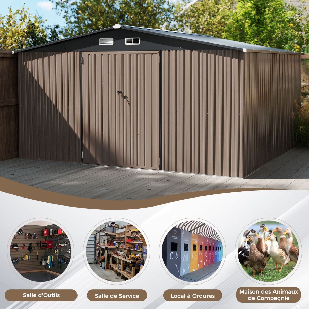 Large Outdoor Storage Shed/Tool Shed with Sloping Roof Design, Lockable Doors with Keys, 4 Ventilation Vents, 350x350x198cm, Grey