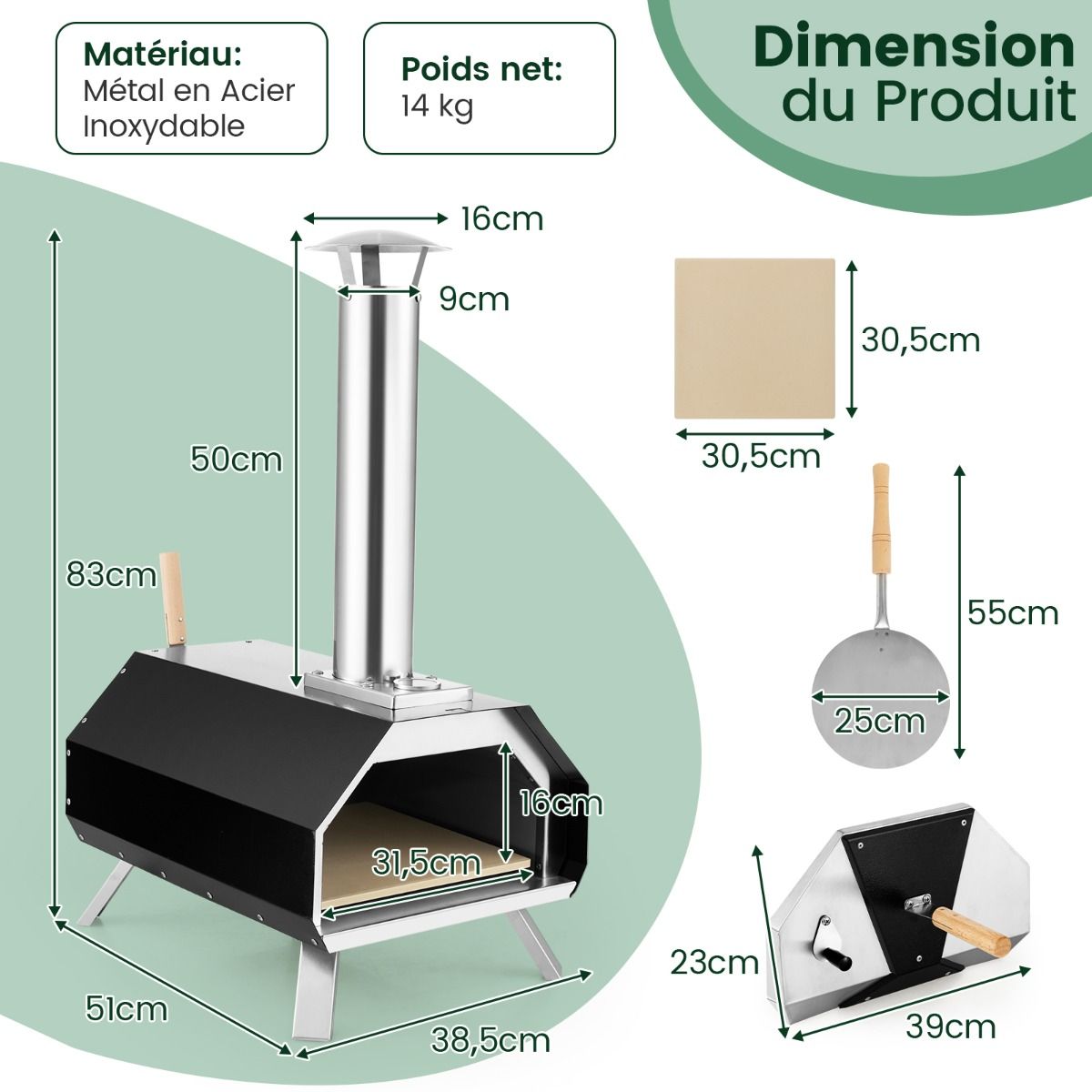 Outdoor Stainless Steel Pizza Oven with 30.5cm Pizza Stone, Wood-Fired Pizza Oven with Peel, Fireguard, and Folding Legs