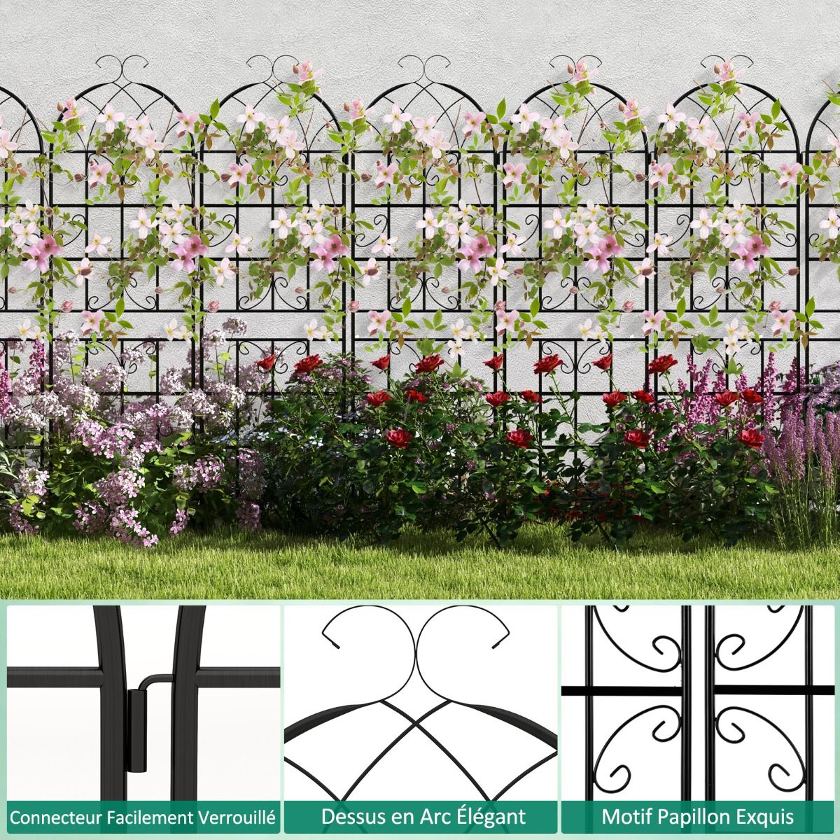 Set of 4 Metal Garden Trellis 180 x 50 cm Decorative Fence for Climbing Plants Rustproof Flower Grid for Garden Courtyard Patio Black -