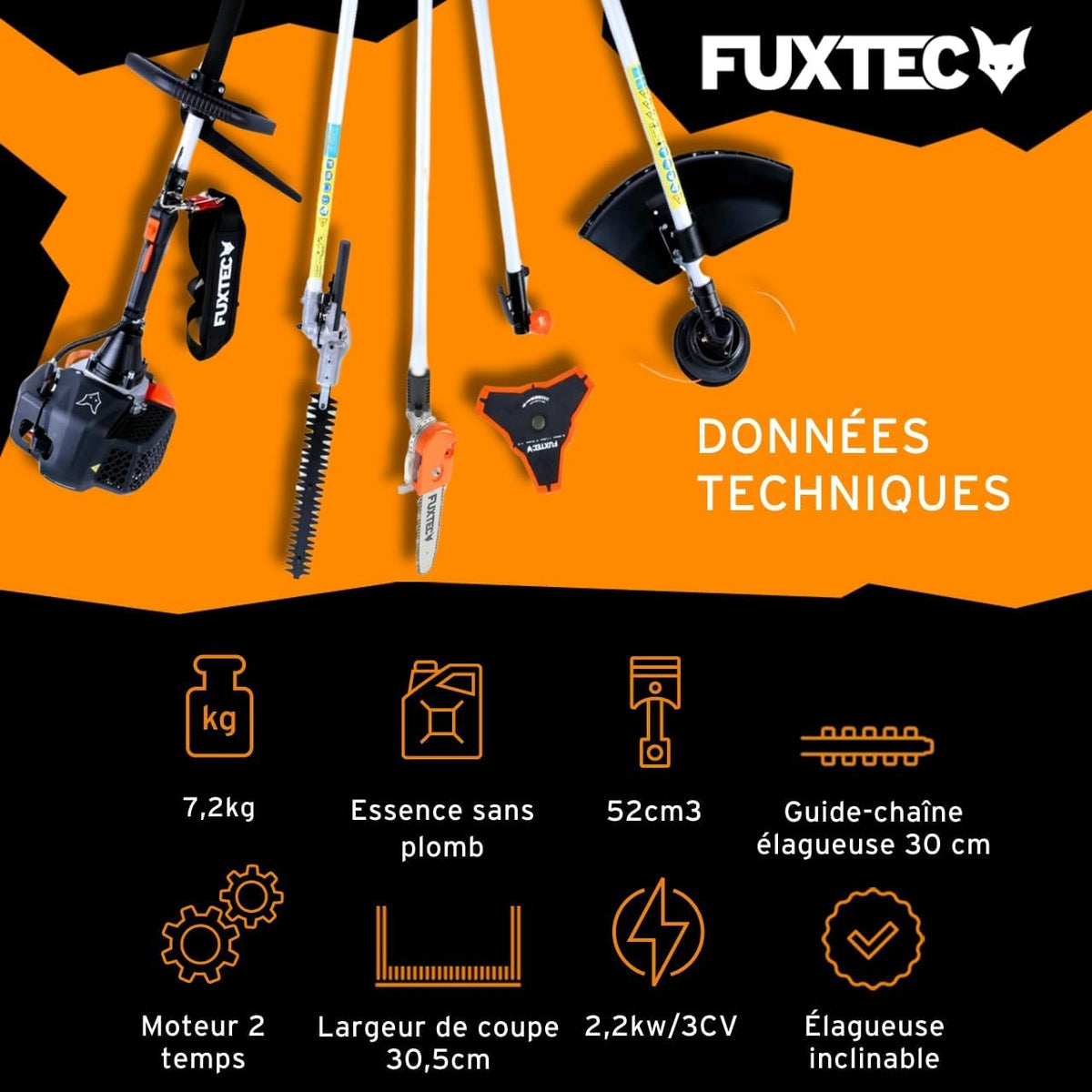 Fuxtec FX-MT152E 5-in-1 Multi-Tool Petrol Brush Cutter - Easy Starter, 3 HP, 52 cc, 2-Stroke Engine, Pruner, Hedge Trimmer, Edger with Cord or Blade, 1 Meter Extension