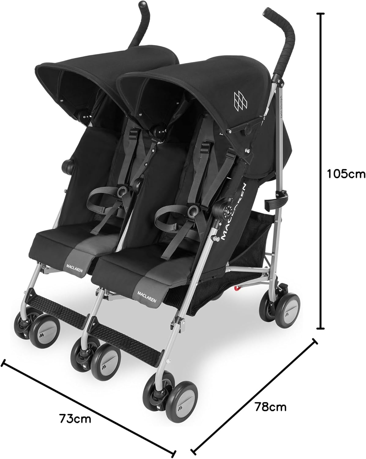 Maclaren Twin Triumph double stroller (6 months, up to 15 kg, one child per seat), lightweight and compact, extendable UPF 50+ canopy with rain cover - Black/Anthracite