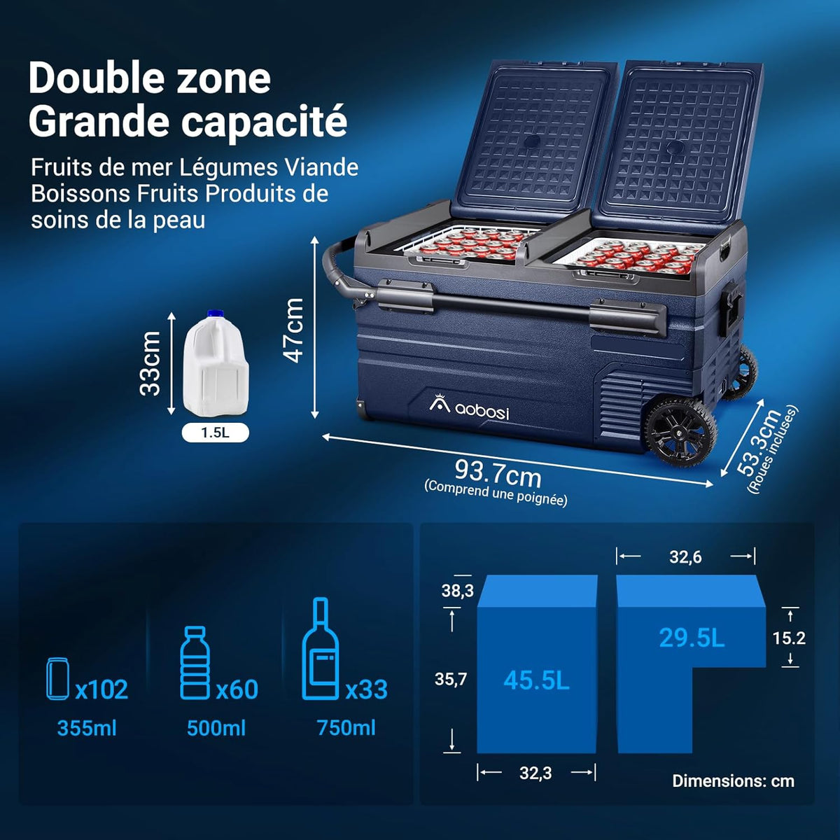 115L Dual Zone Electric Cooler, WiFi APP Compressor Cooler, 12V/24V and 100-240V Camping Fridge, -20 to 20, for Car, Truck, Boat, Camping, Caravan, Travel, Home
