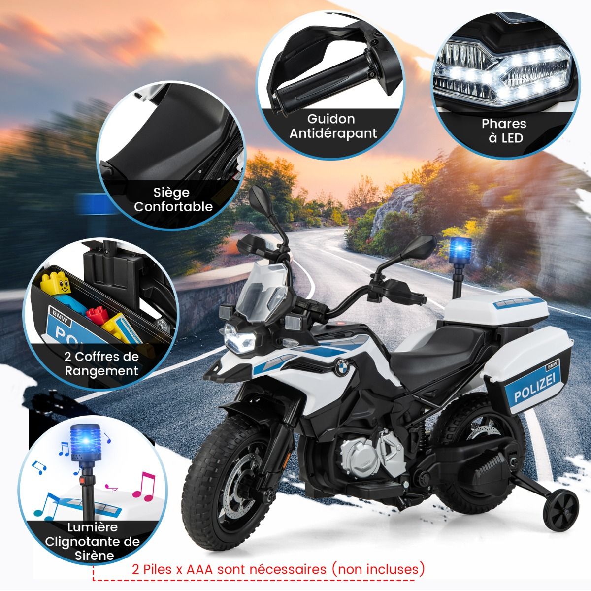 12V/7AH Electric Motorcycle for Children, 6km/h, Police Model with Horn, Music, Siren, Headlights, for Ages 3-8