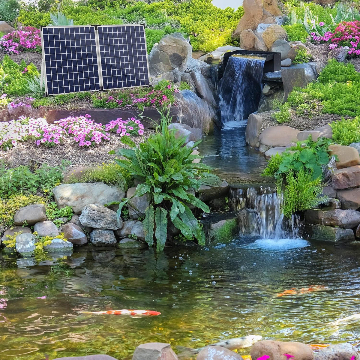 Biling complete solar waterfall kit for garden ponds, 20cm stainless steel waterfall with 2100 l/h pump for garden terrace water feature