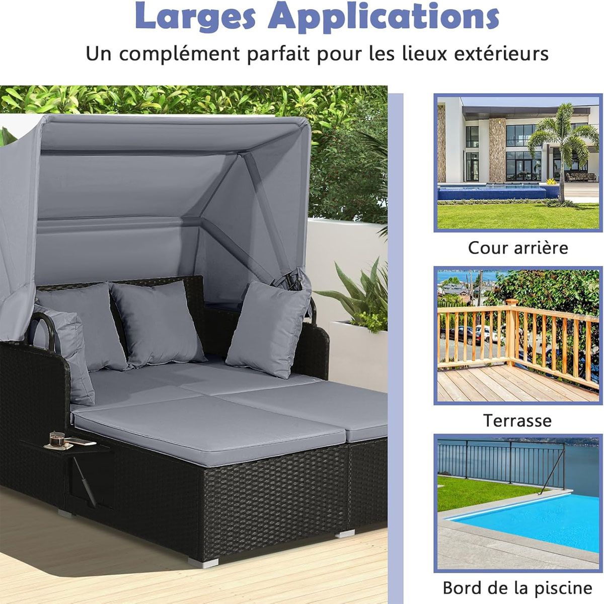 2-Seater Rattan Sun Lounger with Retractable Canopy, Sunbed with Folding Side Panels, 360KG Load Capacity, Beige/Grey