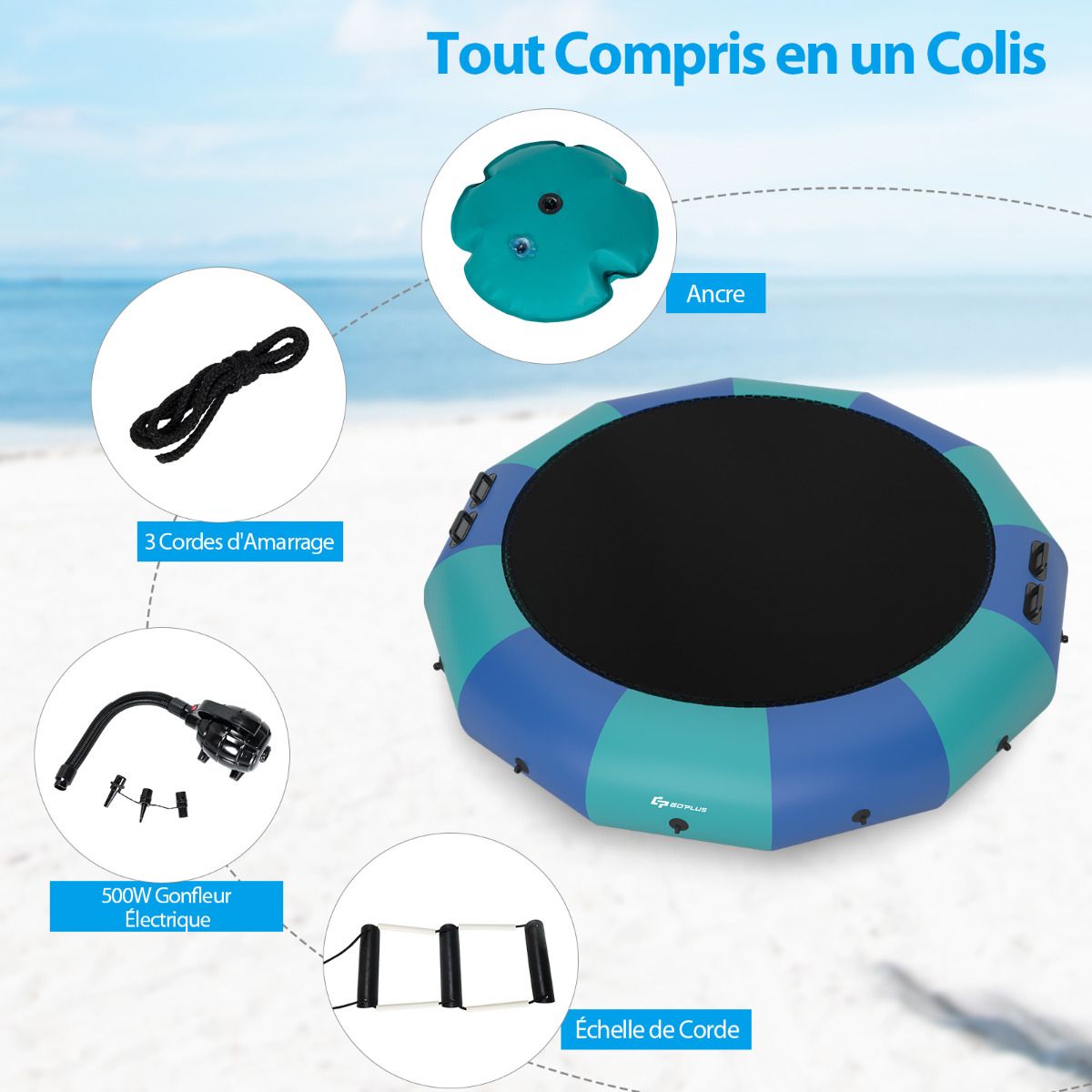 Inflatable Water Trampoline, 457cm Diameter, 150kg Capacity, with Repair Kit, Ladder and 500w Electric Inflator, Blue -