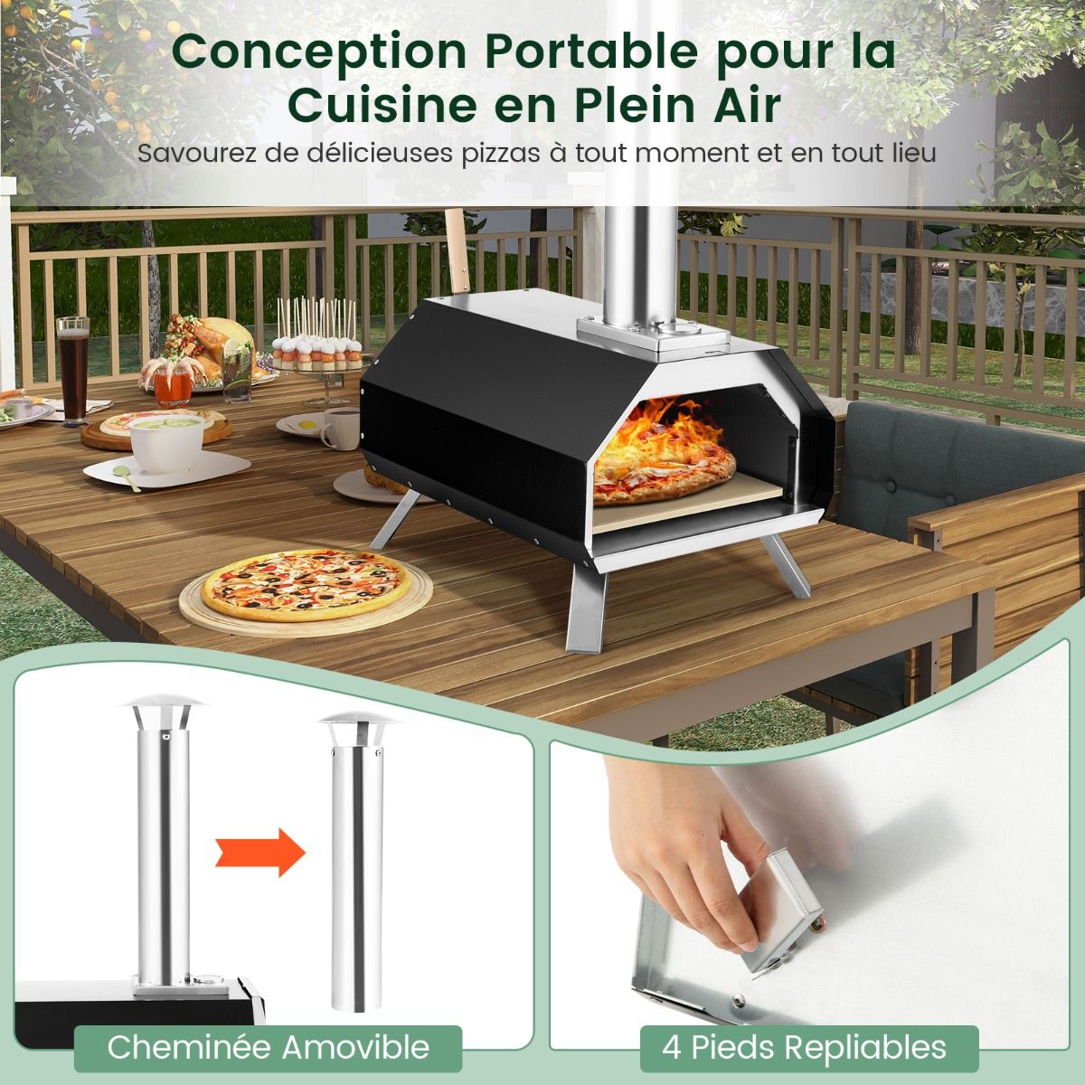 Outdoor Stainless Steel Pizza Oven with 30.5cm Pizza Stone, Wood-Fired Pizza Oven with Peel, Fireguard, and Folding Legs