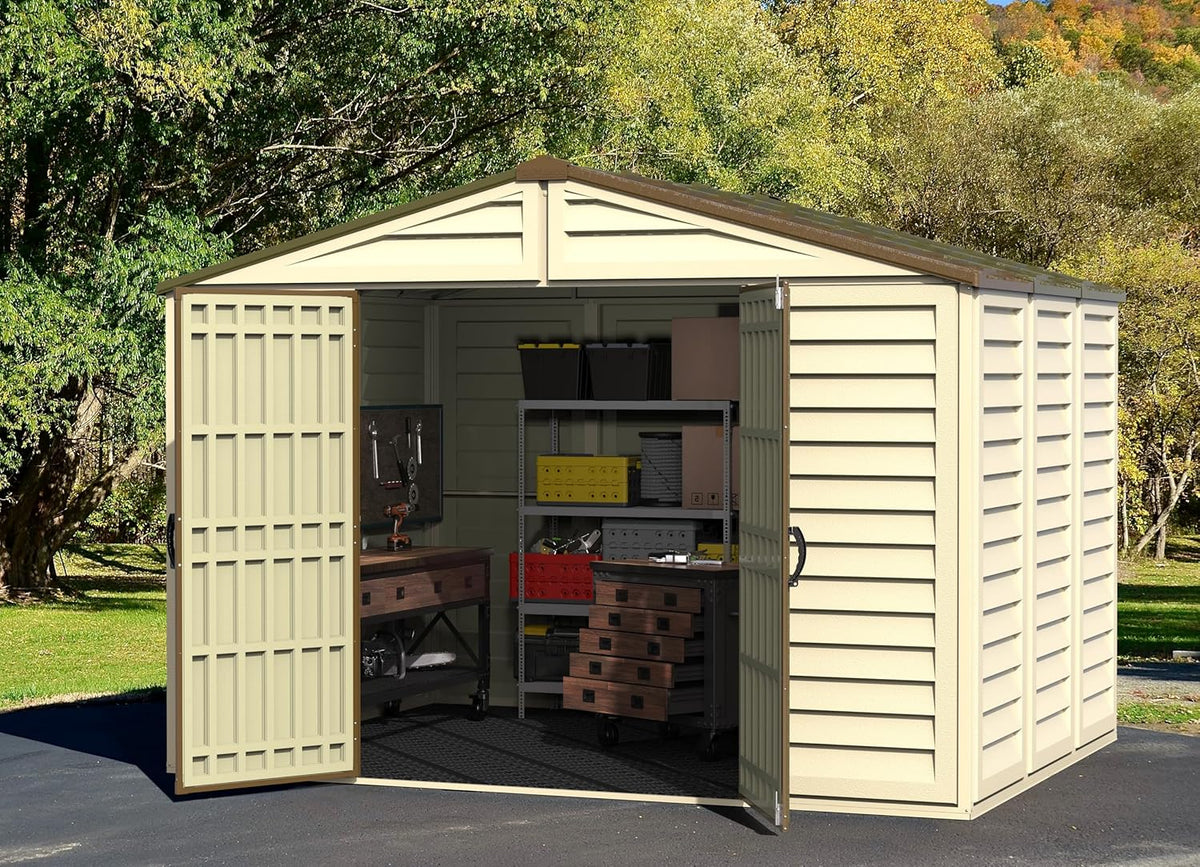 Duramax WoodBridge Plus 10 x 8 (7.64 m2) Plastic Garden Shed with 1 Fixed Window and Metal Foundation Kit, Sturdy Metal Roof Structure and Maintenance-Free Garden Shed - Ivory/Brown