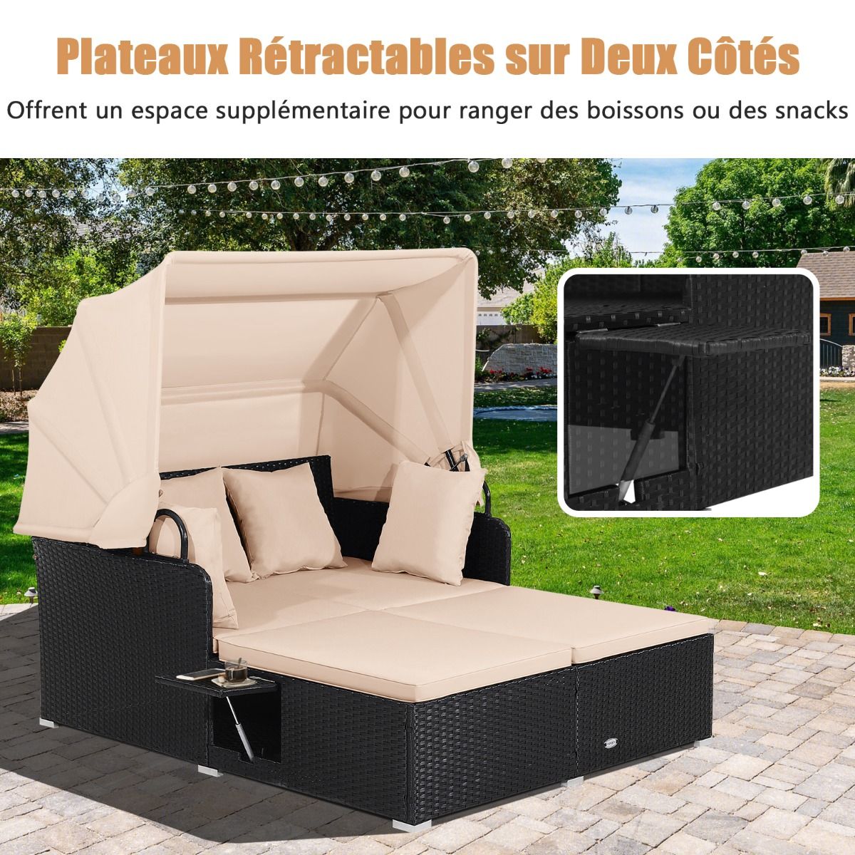 2-Seater Rattan Sun Lounger with Retractable Canopy, Sunbed with Folding Side Panels, 360KG Load Capacity, Beige/Grey