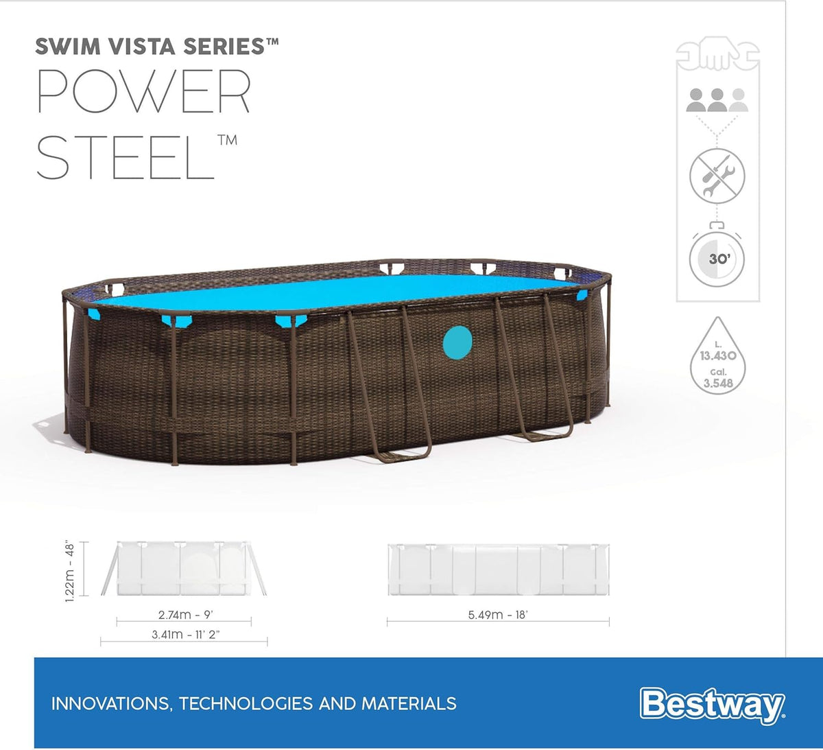 56946 Power Steel? Swim Vista oval pool 488 x 305 x 107 cm rattan pattern with portholes, sand filtration, ladder, cover and Chemconnect? diffuser