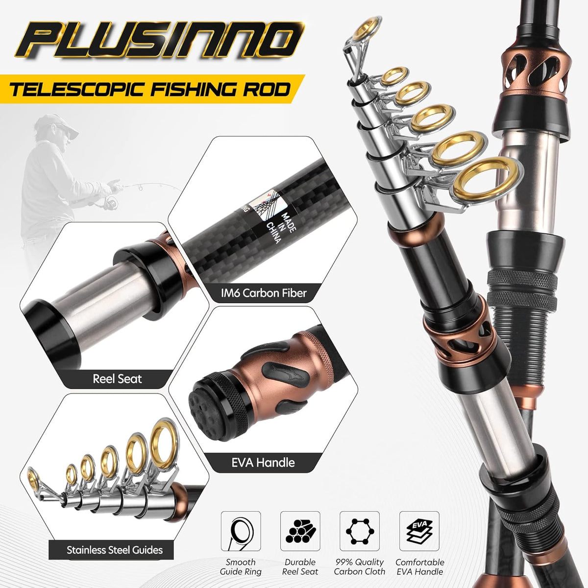 PLUSINNO Fishing Rod and Reel Combo   Carbon Fiber Telescopic Fishing Rod   Rotating Reel with 12 + 1 Stainless Steel Shielded Bearings