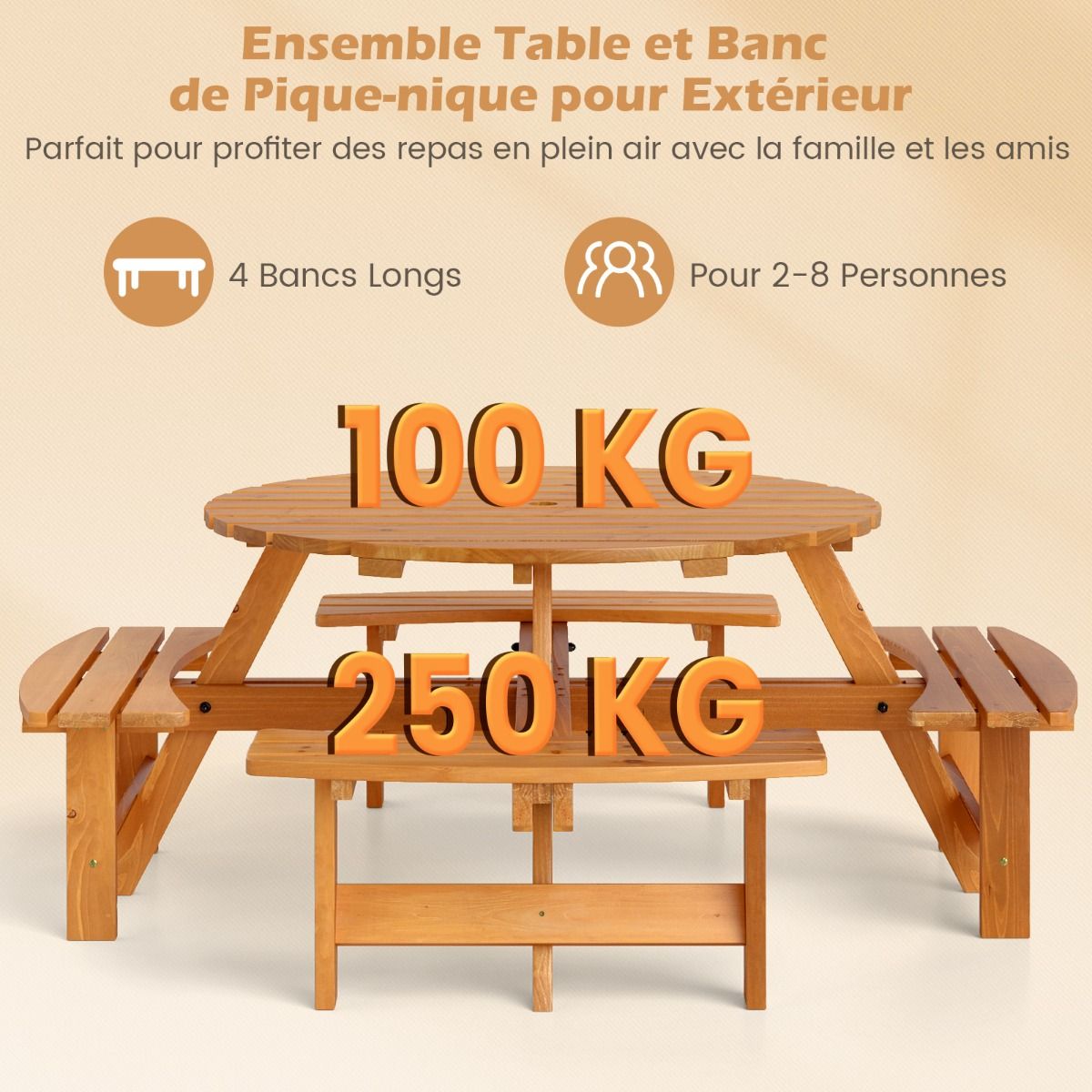 Wooden Picnic Table Set for 2 to 8 People, Circular Table and Bench Set with 4 Integrated Benches, 5cm Parasol Hole, Brown/Yellow -