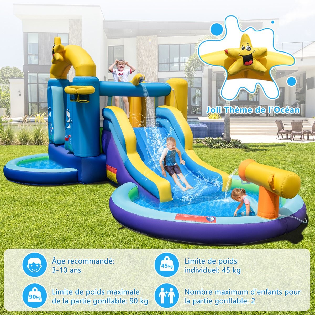 6-in-1 Ocean Inflatable Castle with 680W Blower, Water Slide & 2 Pools, Inflatable Bounce House, 90kg Load Capacity -