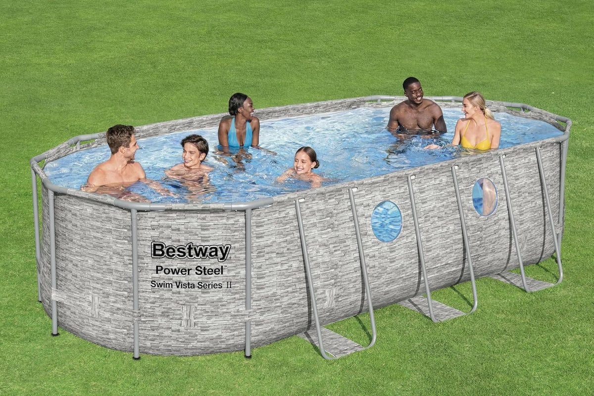 56946 Power Steel? Swim Vista oval pool 488 x 305 x 107 cm rattan pattern with portholes, sand filtration, ladder, cover and Chemconnect? diffuser