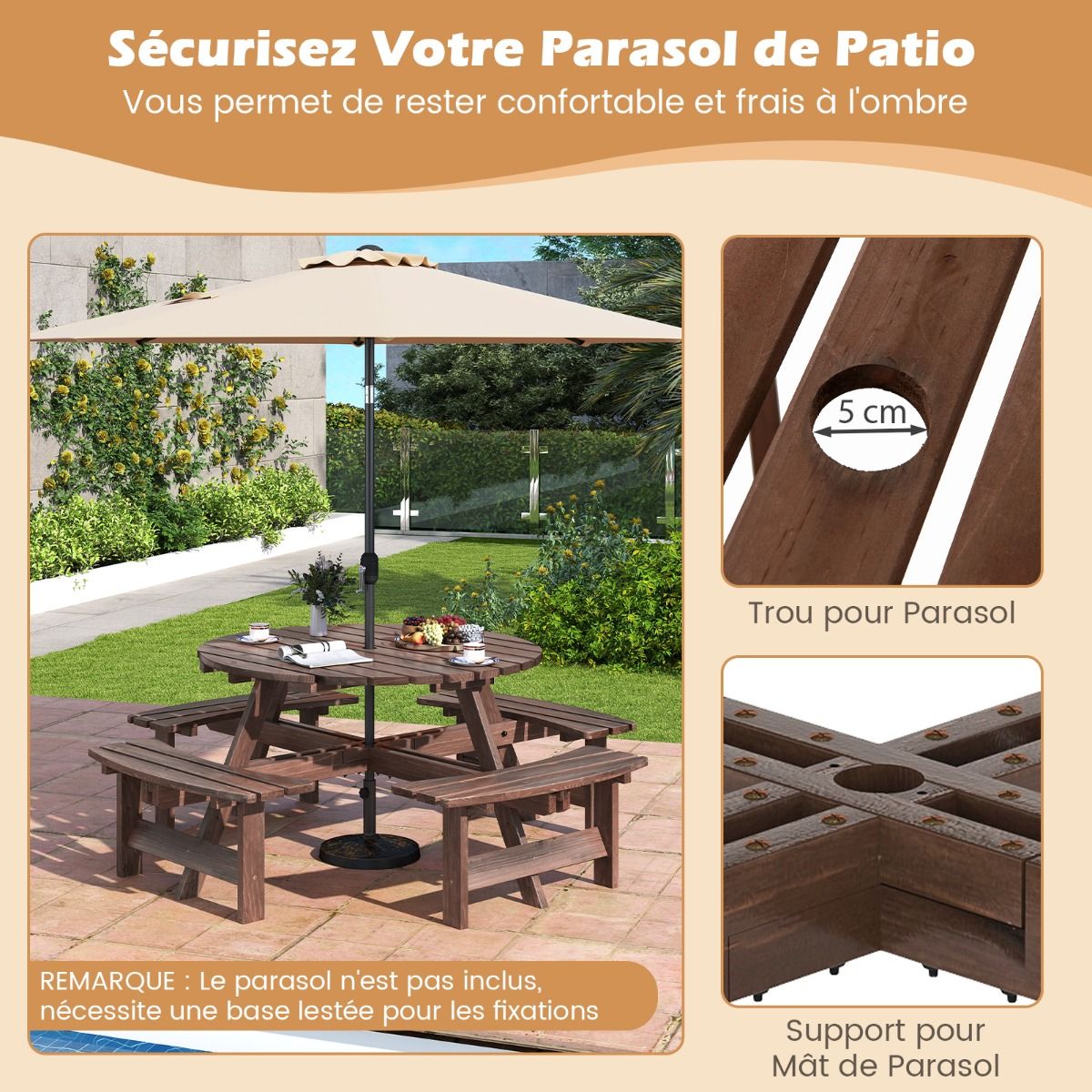 Wooden Picnic Table Set for 2 to 8 People, Circular Table and Bench Set with 4 Integrated Benches, 5cm Parasol Hole, Brown/Yellow -