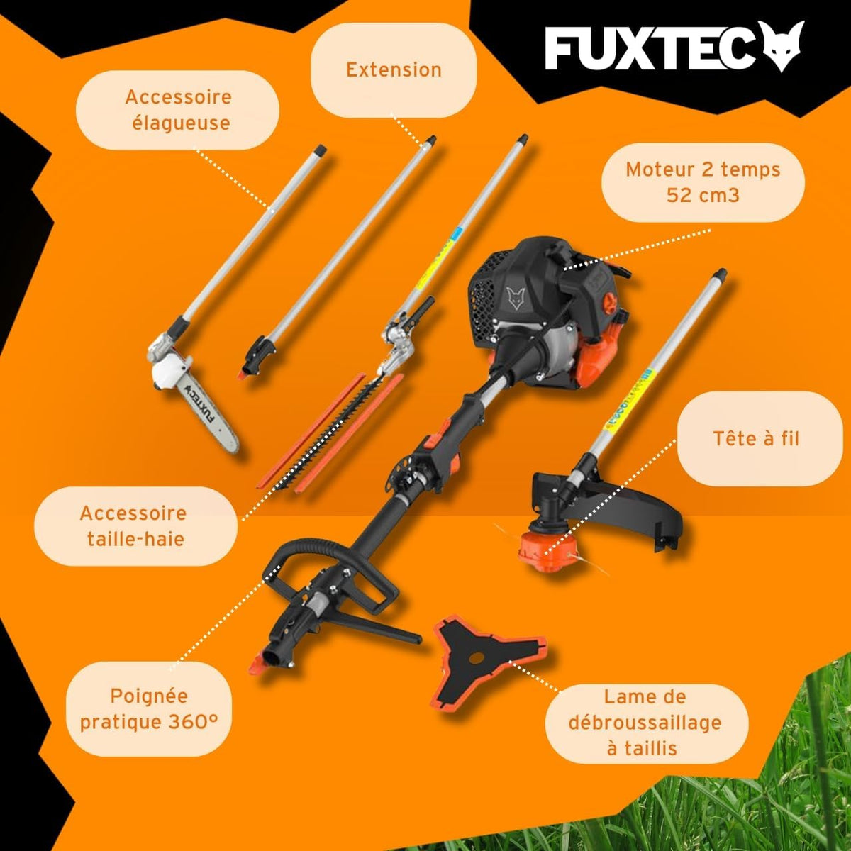 Fuxtec FX-MT152E 5-in-1 Multi-Tool Petrol Brush Cutter - Easy Starter, 3 HP, 52 cc, 2-Stroke Engine, Pruner, Hedge Trimmer, Edger with Cord or Blade, 1 Meter Extension