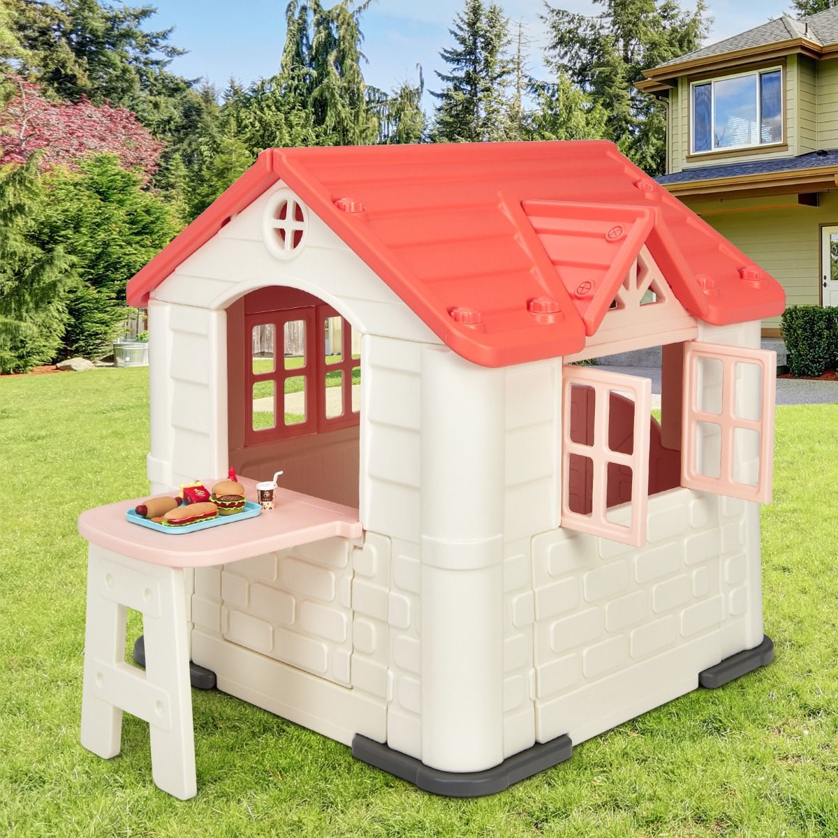 Chef House - Burger Bar Theme - UV-Resistant Plastic Garden Shed Picnic Table 164x124x132 cm Blue/Pink/Yellow -