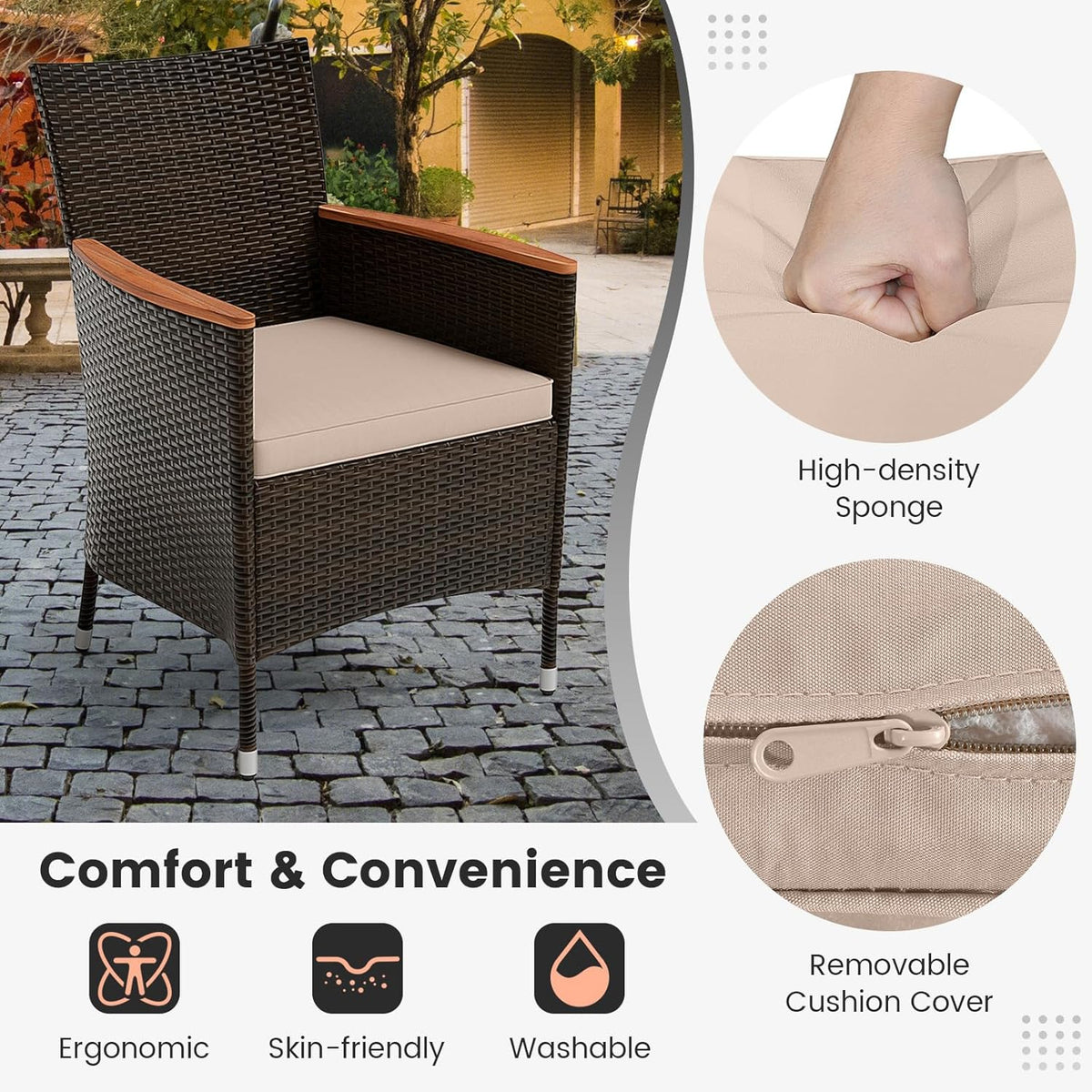 GIANTEX 6-Person Rattan and Acacia Wood Garden Furniture Set, Outdoor Garden Table with 6 Chairs, Cushions, Parasol Hole, Adjustable Legs, for Patio, Picnic, Brown