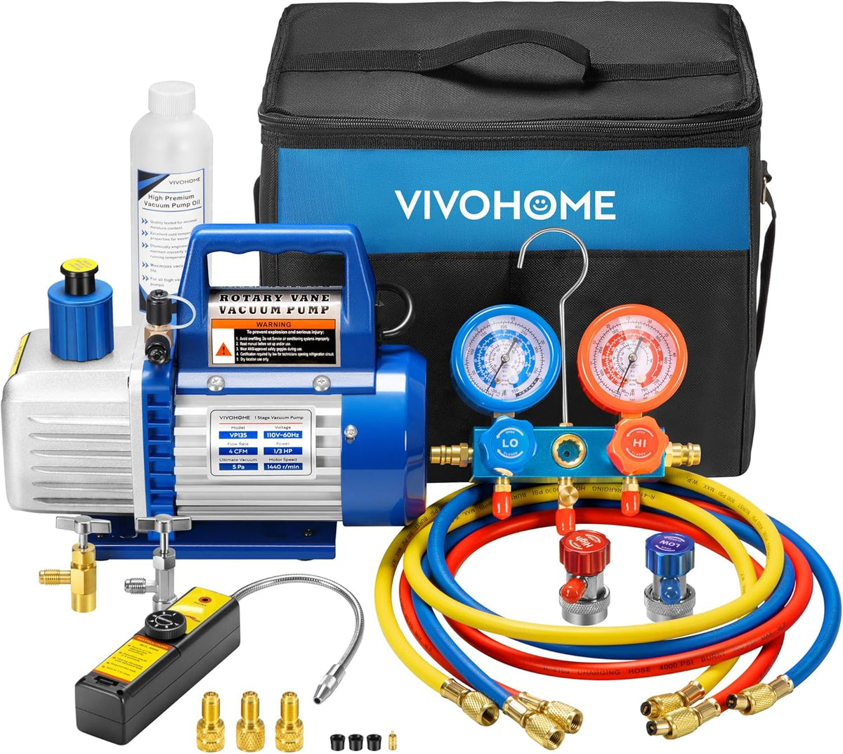 110V 1/4 HP 3.5CFM Single Stage Rotary Vane Air Vacuum Pump and AC Manifold Gauge Set Kit with Thermometer for R134a R12 R22 R502 R410a HVAC Air Conditioning Refrigeration Recharging Red