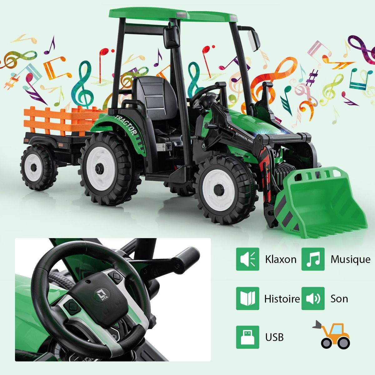 12V Electric Tractor for Children with Detachable Shovel & Trailer, 6-Wheel Electric Vehicle with Remote Control & Music, 3-6 km/h for Ages 3-8, Yellow/Green
