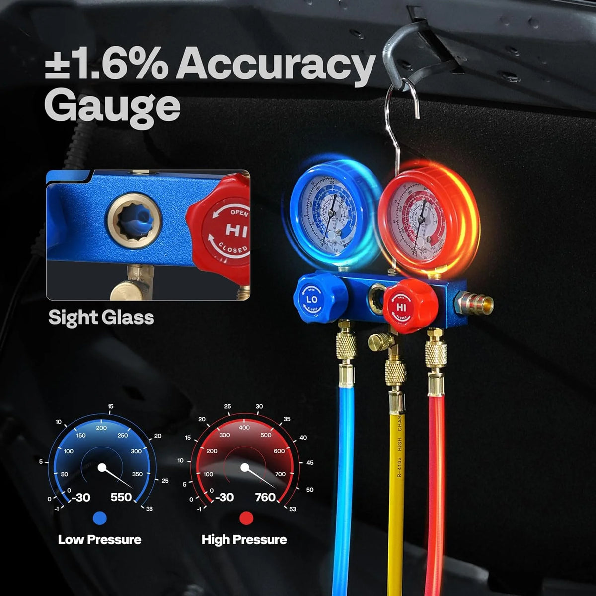 110V 1/4 HP 3.5CFM Single Stage Rotary Vane Air Vacuum Pump and AC Manifold Gauge Set Kit with Thermometer for R134a R12 R22 R502 R410a HVAC Air Conditioning Refrigeration Recharging Red