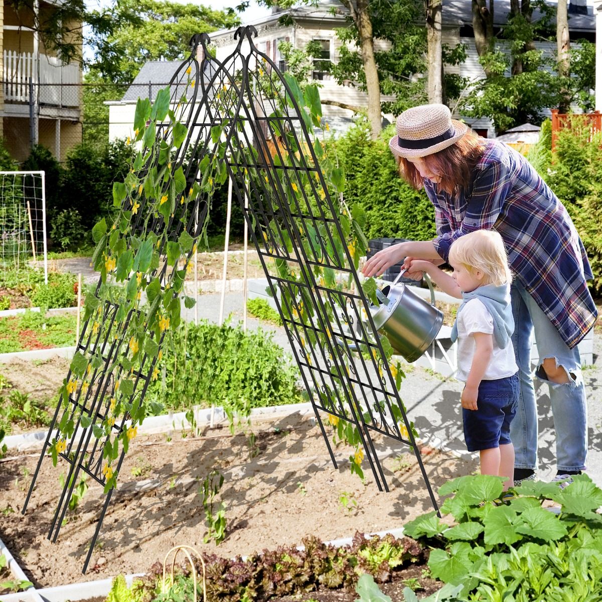 Set of 4 Metal Garden Trellis 180 x 50 cm Decorative Fence for Climbing Plants Rustproof Flower Grid for Garden Courtyard Patio Black -