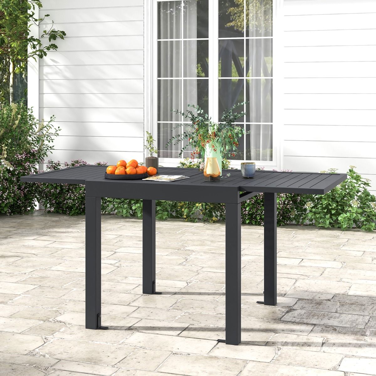 Extendable Aluminum Garden Table, Adjustable from 80 to 160 CM, Outdoor Dining Table with Slatted Top for 4-6 People, Dark Grey