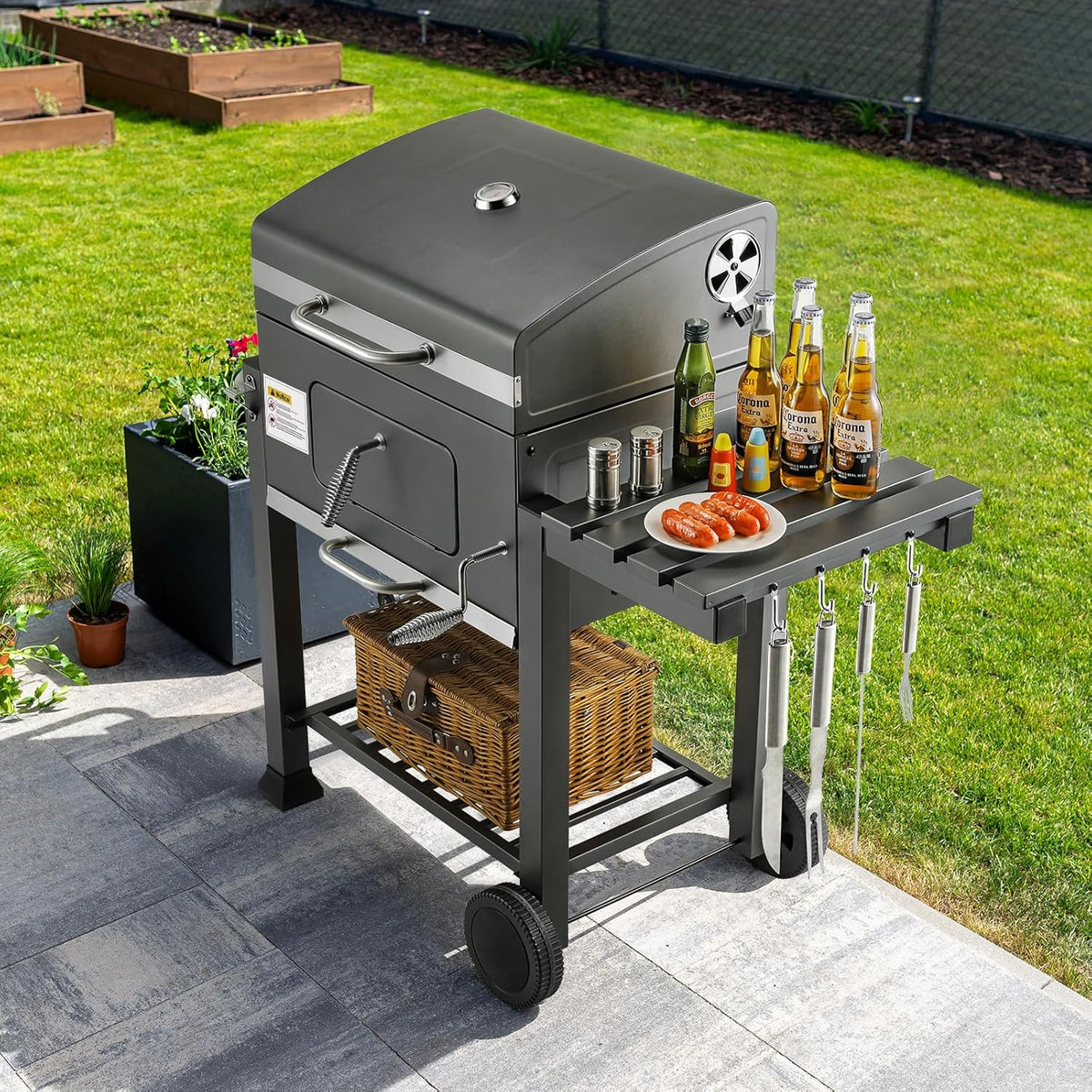 XL Charcoal Barbecue, Barbecue Cart, XL Charcoal Grill with Lid, Wheels and Thermometer, Height Adjustable, Large Charcoal Barbecue, for Camping and Garden, Black