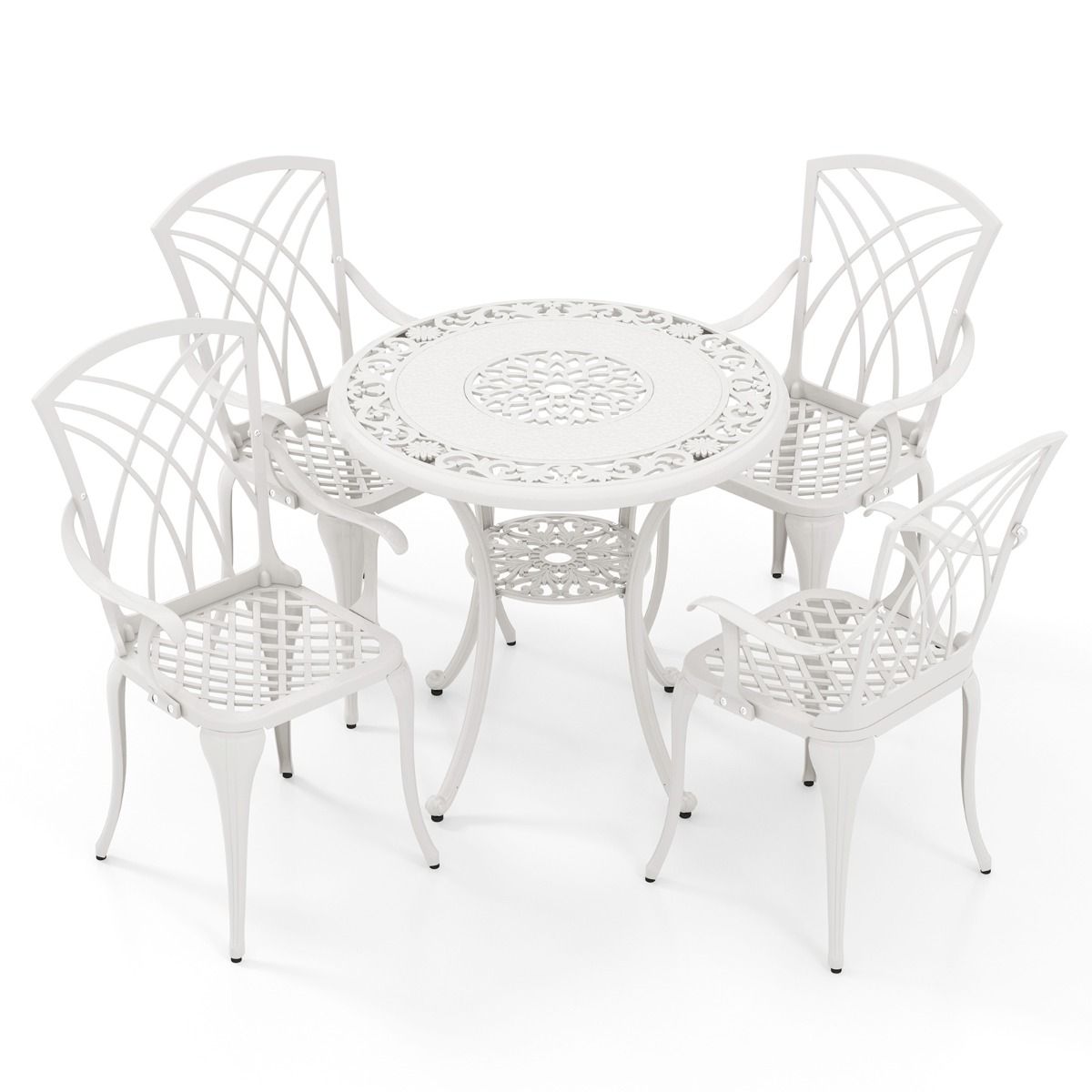5-Piece Cast Aluminum Garden Furniture Set with Parasol Holes, Adjustable Footrests, Round Table and 4 Chairs, White -