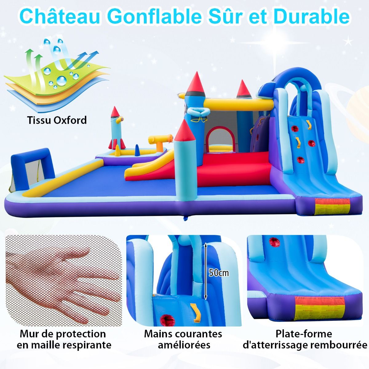 Inflatable Castle with Water Slides, Rocket Theme for Children, Swimming Pool, Jumping Area, Water Gun, Climbing Wall, 850W Blower, Multicoloured -