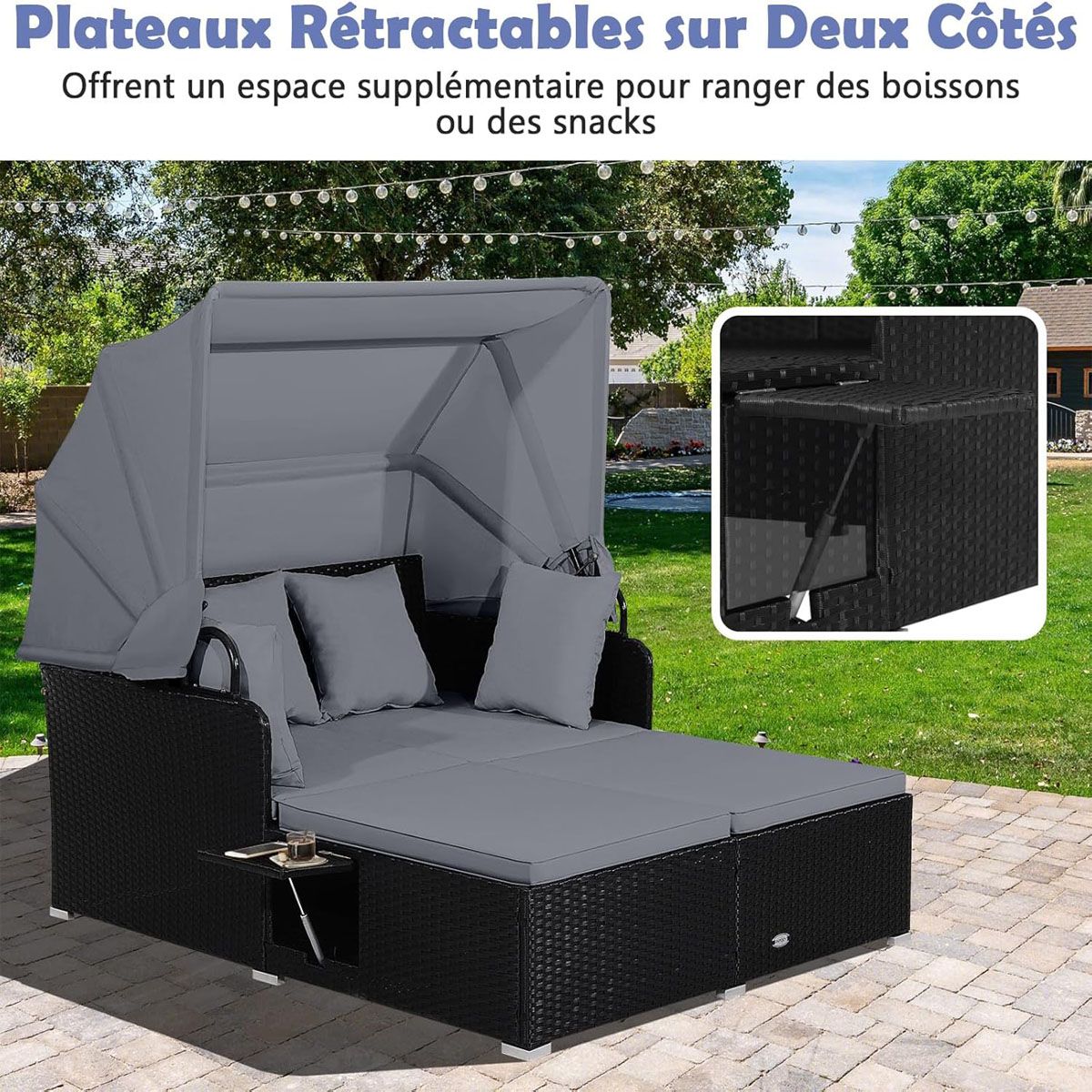 2-Seater Rattan Sun Lounger with Retractable Canopy, Sunbed with Folding Side Panels, 360KG Load Capacity, Beige/Grey