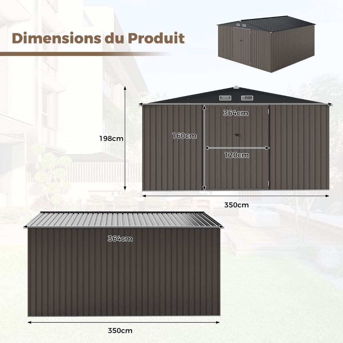 Large Outdoor Storage Shed/Tool Shed with Sloping Roof Design, Lockable Doors with Keys, 4 Ventilation Vents, 350x350x198cm, Grey
