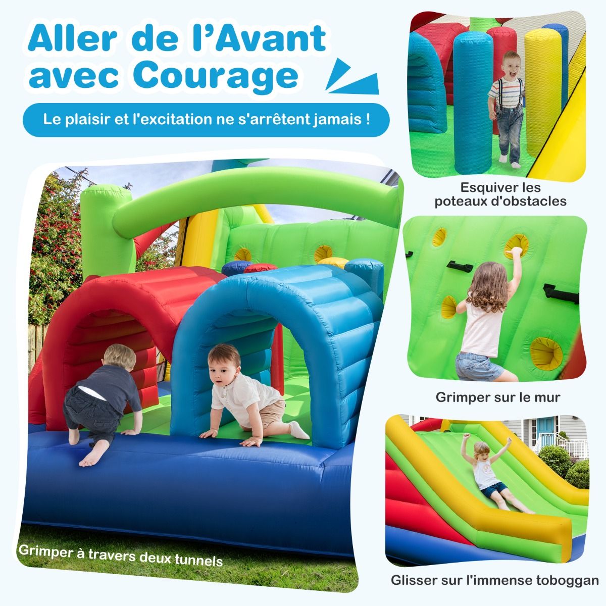 Inflatable Castle for 4 Children with 2 Slides, Tunnels, Bounce Zone, Climbing Wall, Obstacles, Playhouse with 680W Blower -