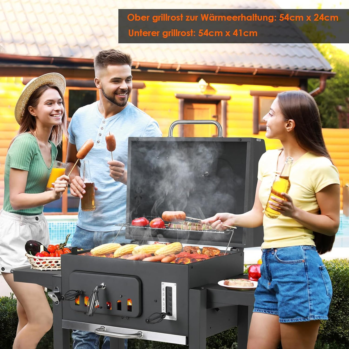 XL Charcoal Barbecue, Barbecue Cart, XL Charcoal Grill with Lid, Wheels and Thermometer, Height Adjustable, Large Charcoal Barbecue, for Camping and Garden, Black