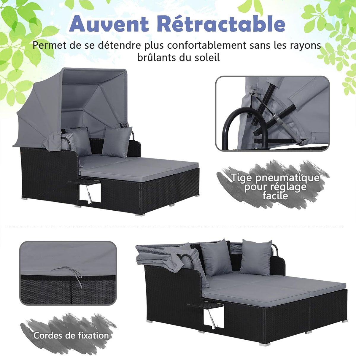 2-Seater Rattan Sun Lounger with Retractable Canopy, Sunbed with Folding Side Panels, 360KG Load Capacity, Beige/Grey