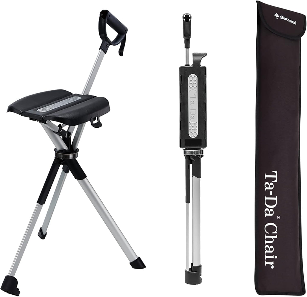 STEP2GOLD Ta-Da Chair Series 2 - Walking Stick with Seat, Lightweight Aluminum Frame, Sturdy Folding Stool (up to 136 kg), Easy to Fold, Ideal for Hiking and Outdoor Activities
