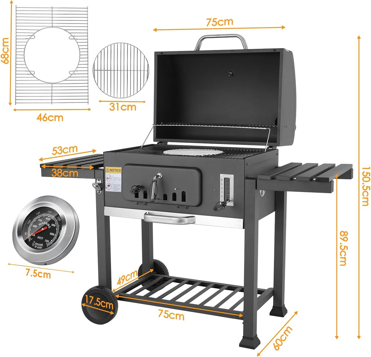 XL Charcoal Barbecue, Barbecue Cart, XL Charcoal Grill with Lid, Wheels and Thermometer, Height Adjustable, Large Charcoal Barbecue, for Camping and Garden, Black