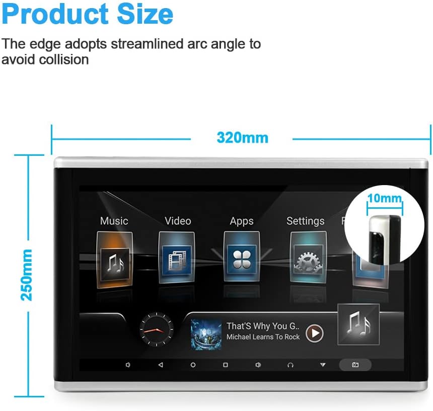 13.3-inch (1080p) HD car headrest video player, Android 9.0, with mounting bracket, IPS touchscreen, 2GB RAM + 32GB storage