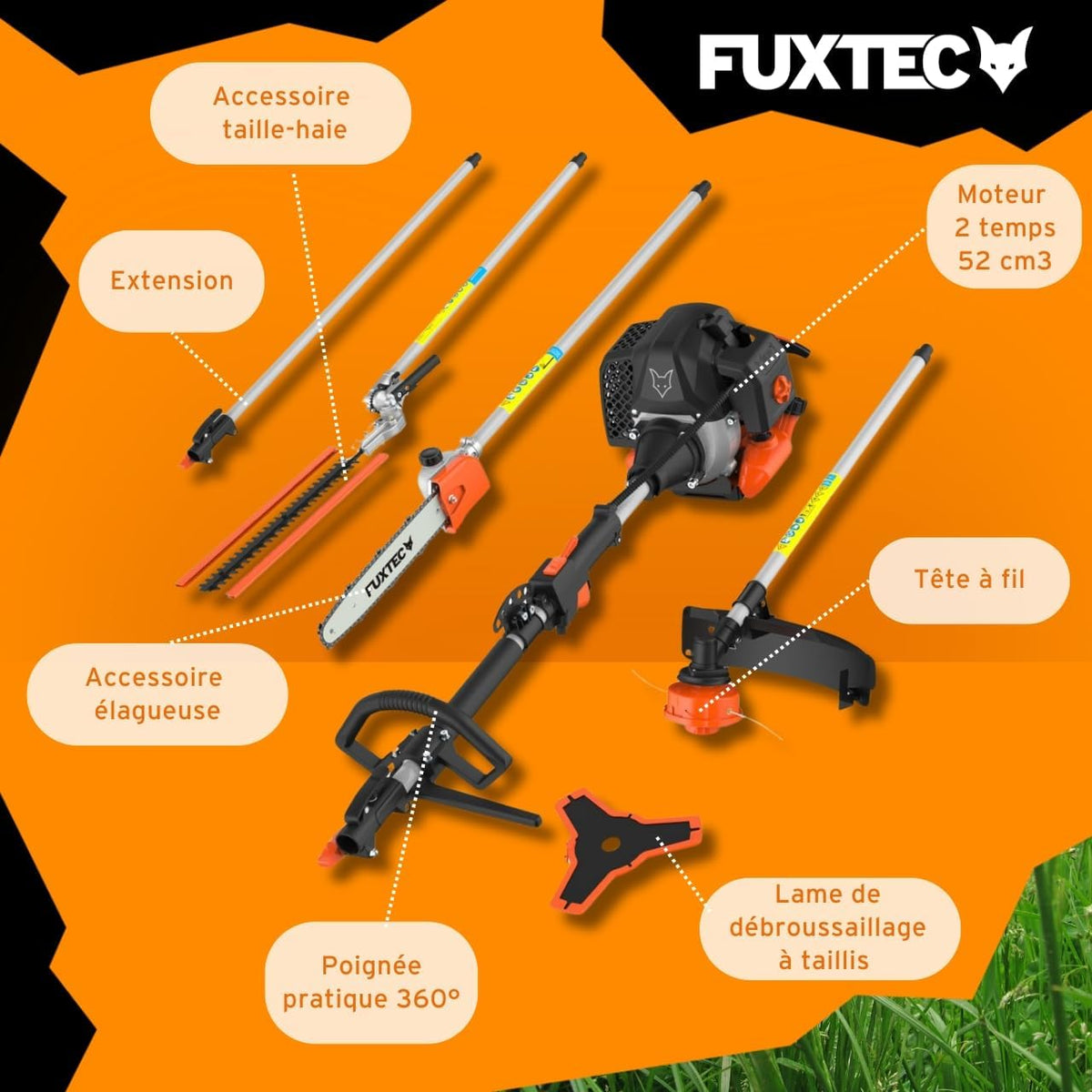 Fuxtec FX-MT152E 5-in-1 Multi-Tool Petrol Brush Cutter - Easy Starter, 3 HP, 52 cc, 2-Stroke Engine, Pruner, Hedge Trimmer, Edger with Cord or Blade, 1 Meter Extension
