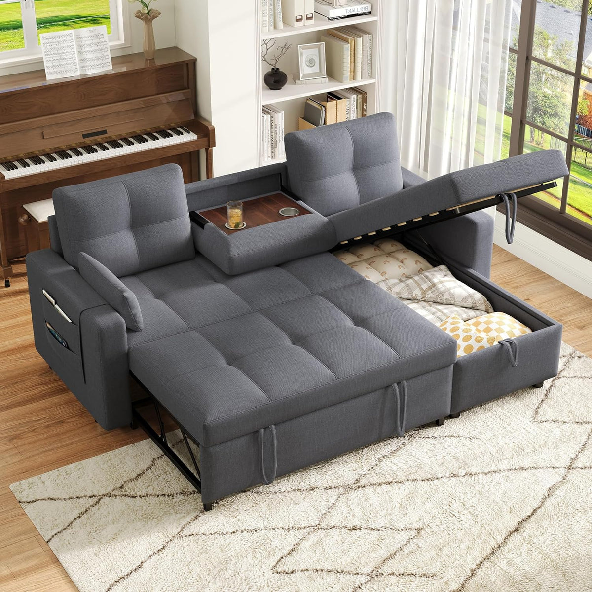 Zubaliya L-Shaped Convertible Sofa, 2-Seater Convertible Sofa Bed in Grey, 3-Seater Sofa with Pull-Out Bed and Sleeping Function, Equipped with Storage Space