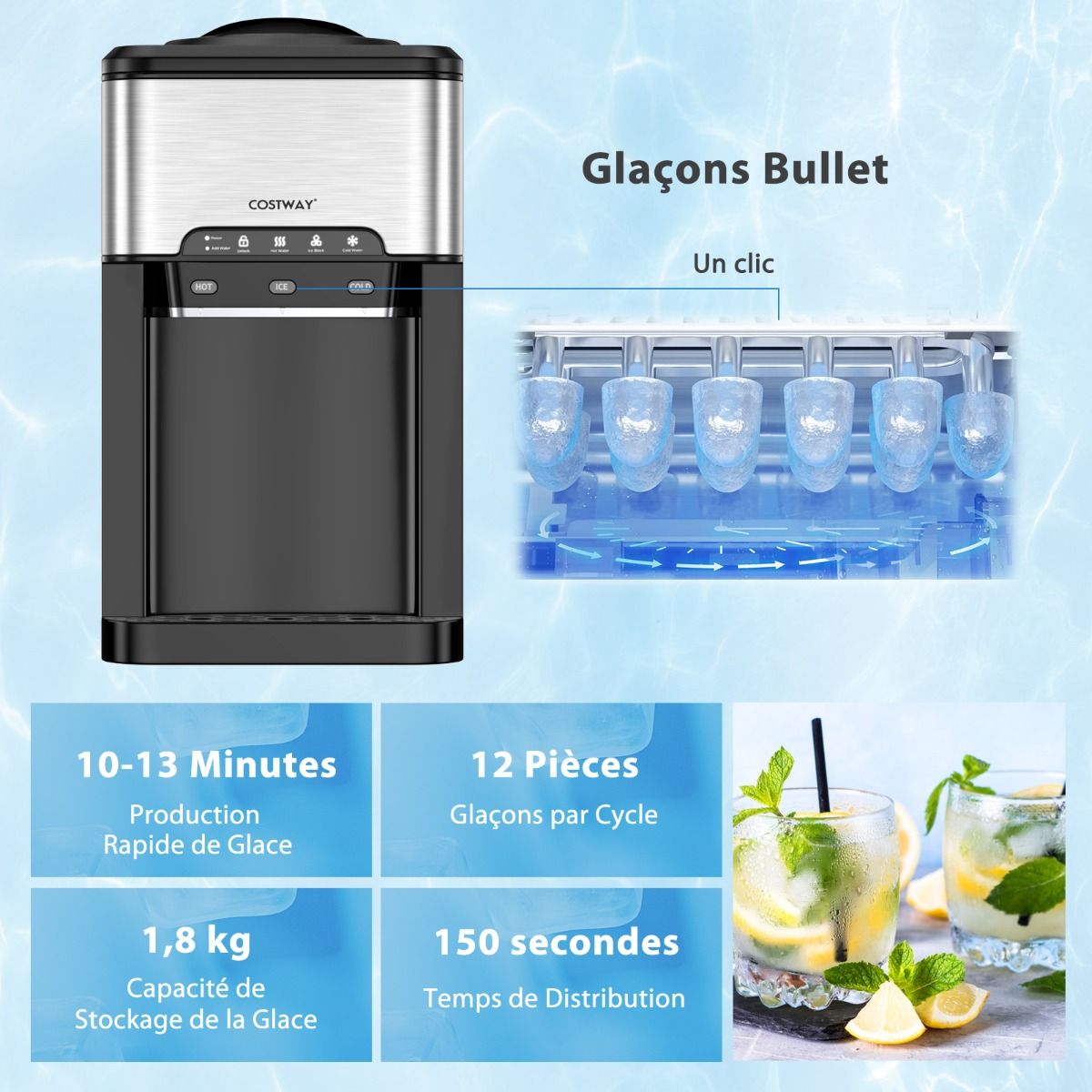 3-in-1 Ice Maker with Hot/Cold Water Dispenser, 20 kg in 24h, Ice Cubes 6-13 min for Home, Office, Bar -