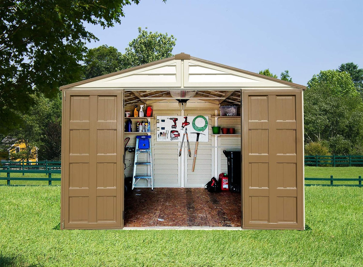 Duramax WoodBridge Plus 10 x 8 (7.64 m2) Plastic Garden Shed with 1 Fixed Window and Metal Foundation Kit, Sturdy Metal Roof Structure and Maintenance-Free Garden Shed - Ivory/Brown