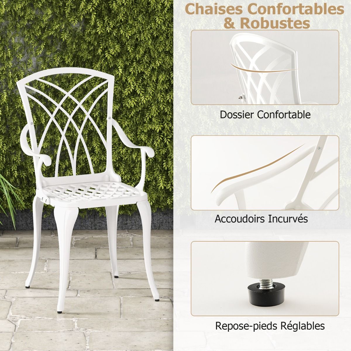 5-Piece Cast Aluminum Garden Furniture Set with Parasol Holes, Adjustable Footrests, Round Table and 4 Chairs, White -