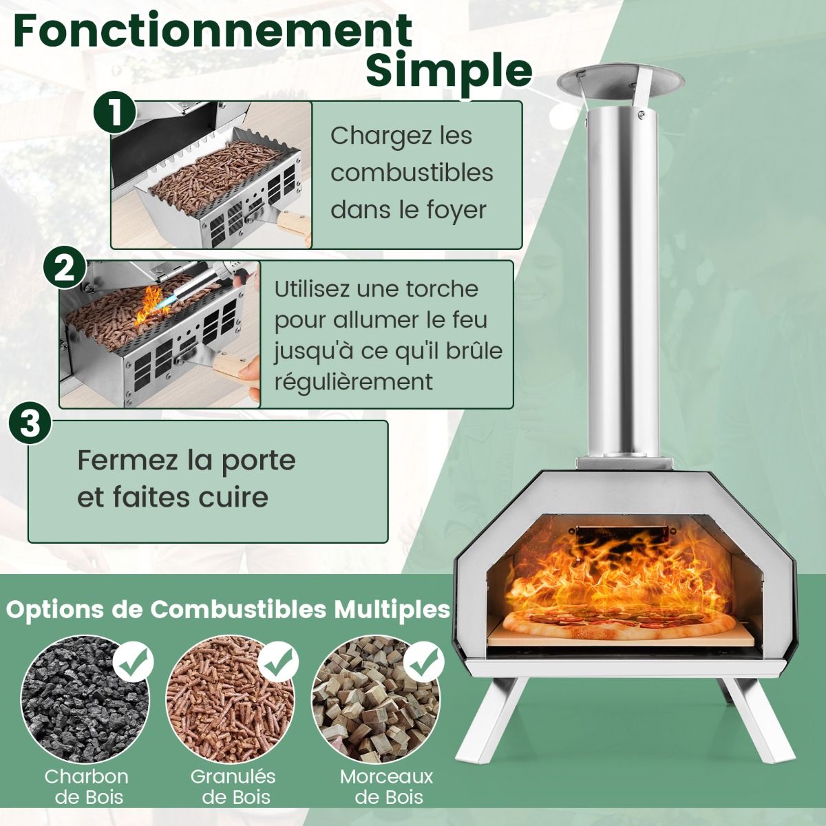Outdoor Stainless Steel Pizza Oven with 30.5cm Pizza Stone, Wood-Fired Pizza Oven with Peel, Fireguard, and Folding Legs