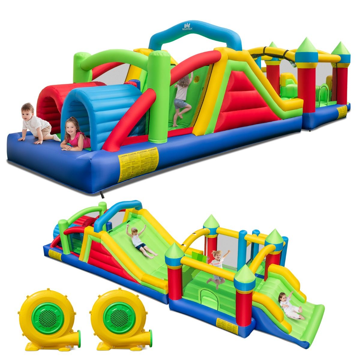Inflatable Castle for 4 Children with 2 Slides, Tunnels, Bounce Zone, Climbing Wall, Obstacles, Playhouse with 680W Blower -