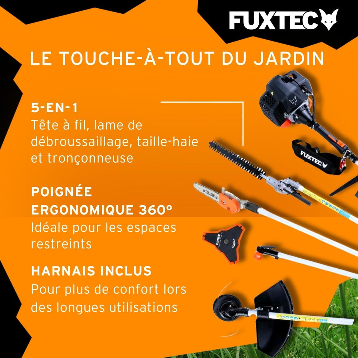 Fuxtec FX-MT152E 5-in-1 Multi-Tool Petrol Brush Cutter - Easy Starter, 3 HP, 52 cc, 2-Stroke Engine, Pruner, Hedge Trimmer, Edger with Cord or Blade, 1 Meter Extension